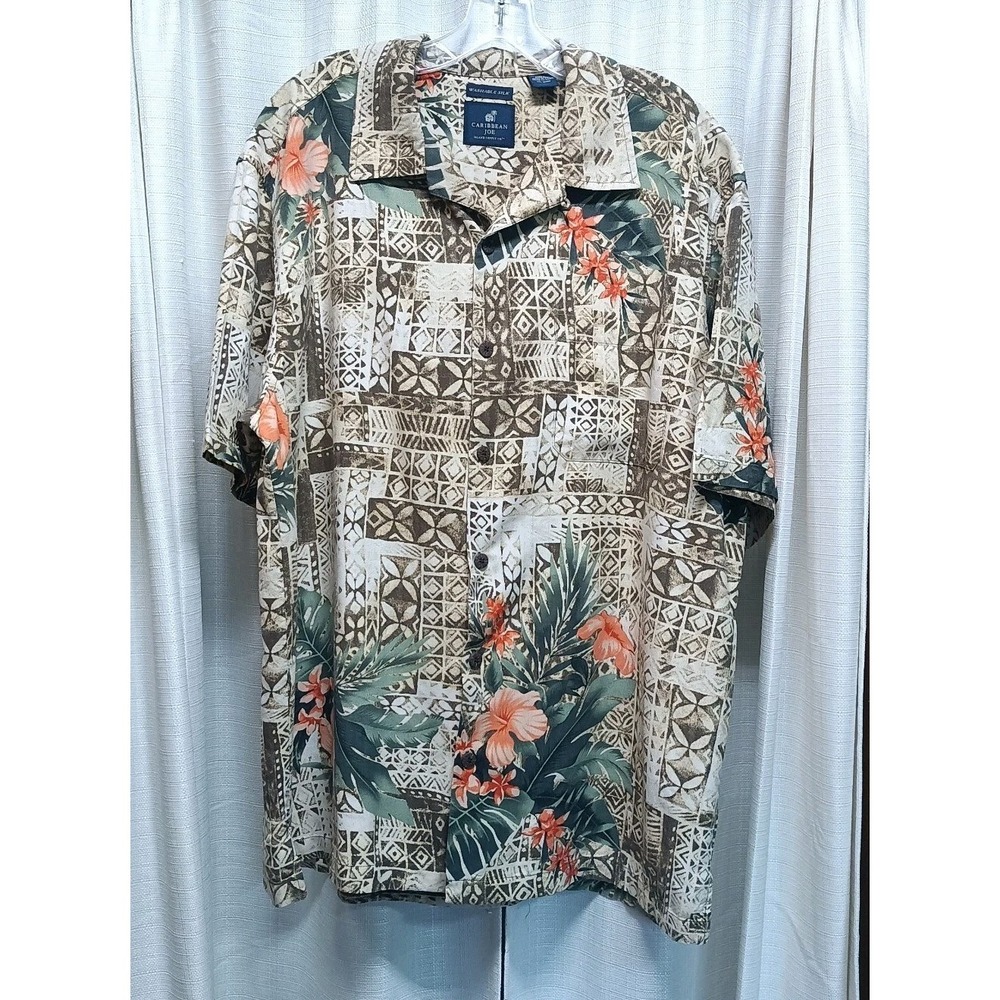 Caribbean Joe Men's‎ XXL 100% Washable Silk Hawaiian Hibiscus Print Shirt Beach